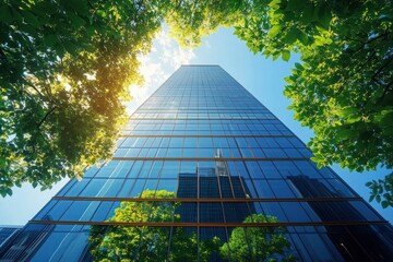 Modern glass skyscraper reflecting nearby lush green trees under a bright blue sky with sunlight filtering through foliage