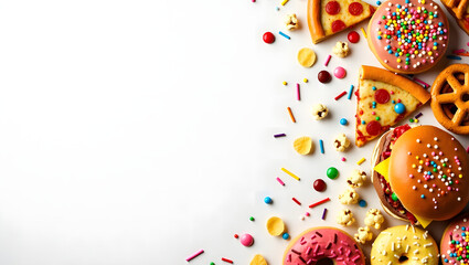 Colorful assortment of junk food and sweets creating a border on a white background with copy space.