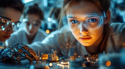 Young focused female scientist with digital augmented reality glasses examining robotic hand and electronic components in a futuristic laboratory