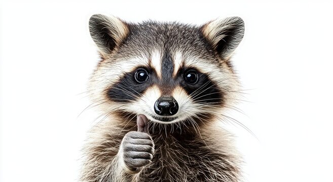Close-up image of a raccoon with detailed fur and bright eyes giving a thumbs up gesture, conveying a playful and positive emotion