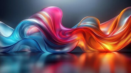Dynamic flowing vibrant ribbons in blue, pink, orange, and yellow tones creating a smooth, energetic and luminous abstract wave pattern with reflective surface beneath