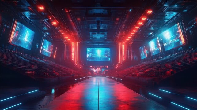 Futuristic large indoor arena with neon red and blue lights, illuminated screens, and empty seating areas creating a high-tech atmosphere