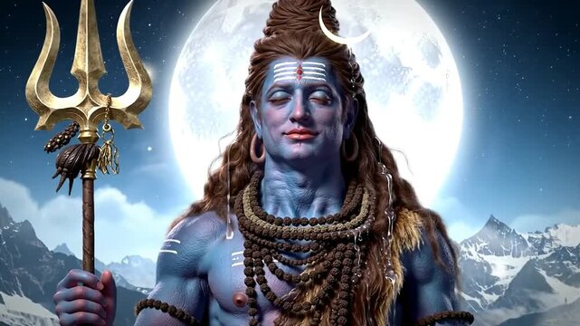 An animated depiction of the Hindu god Lord Shiva in the snowy Himalayas, holding his Trishula under a starry night sky and a bright full moon.