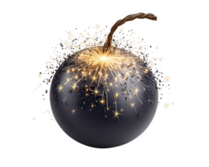 Cartoon bomb with burning fuse explosive sparks round black object isolated on transparency background dynamic energy danger excitement dramatic effect
