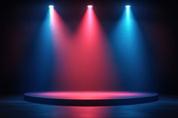 empty round stage illuminated by two blue spotlights and one red spotlight creating a dramatic lighting effect in a dark room