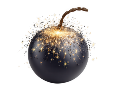 Cartoon bomb with burning fuse explosive sparks round black object isolated on transparency background dynamic energy danger excitement dramatic effect