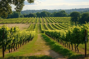 Obraz premium Sunlit vineyard with rows of green grapevines stretching into the distance under a partly cloudy sky surrounded by dense green trees