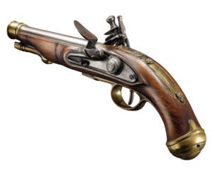 Vintage flintlock pistol with brass detail wooden handle antique firearm historical weapon isolated on white elegant craftsmanship collectible classic style