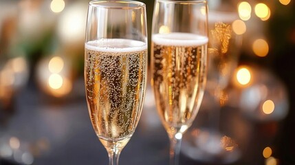 Close-up of two elegant champagne glasses filled with sparkling wine with bubbles rising, set against a warm, softly blurred background with glowing golden lights