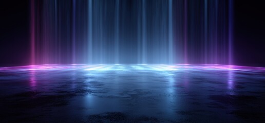 Abstract, empty, virtual neon background with blue and purple glowing lines on a dark concrete floor in the room, a modern light show Generative AI