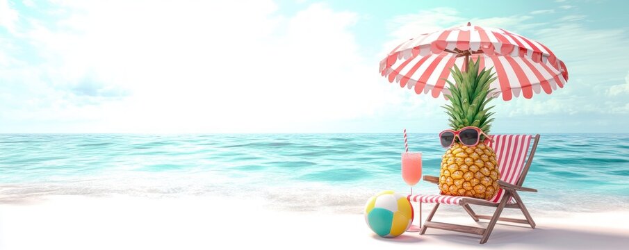 a ripe pineapple wearing sunglasses relaxing on a striped beach chair under a matching umbrella near the ocean shore with a colorful beach ball and a tropical drink on the sand