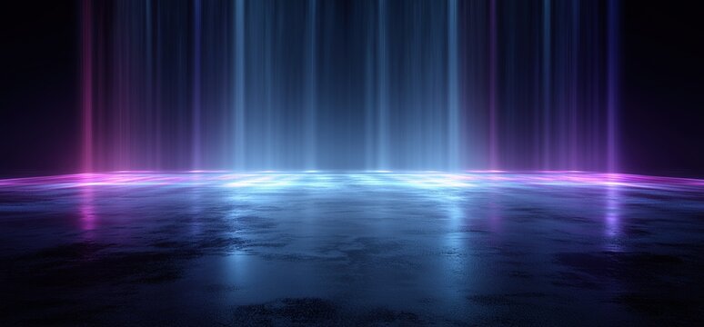 Abstract, empty, virtual neon background with blue and purple glowing lines on a dark concrete floor in the room, a modern light show Generative AI