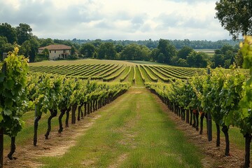 Naklejka premium Expansive vineyard with rows of grapevines growing under a cloudy sky and a farmhouse in the background evoking a peaceful countryside atmosphere