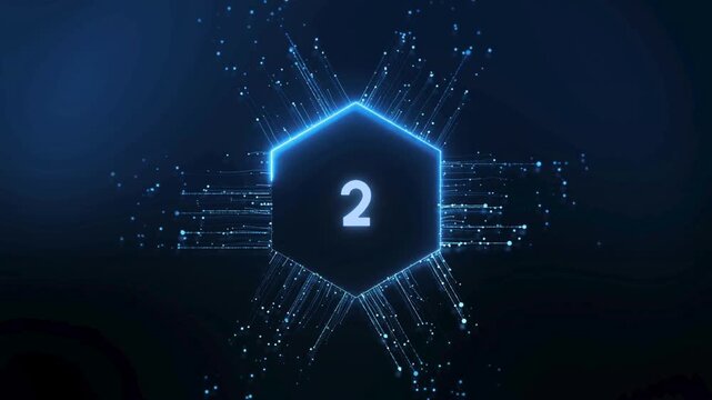 Futuristic countdown number inside a glowing hexagon with connected lines and particle effects on a dark blue technology-themed background - Powered by Adobe
