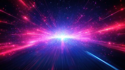 Naklejka premium Bright white light exploding and radiating vibrant pink and blue beams with sparkling particles in a dynamic cosmic or futuristic scene