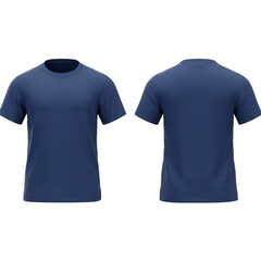 A simple navy blue t-shirt displayed from the front and back offering a versatile apparel concept for design and presentation.