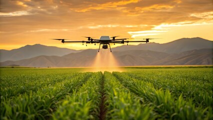 A  drone spraying crops across a vast green field during golden sunset, highlighting modern farming innovation and advanced agriculture technology concept
