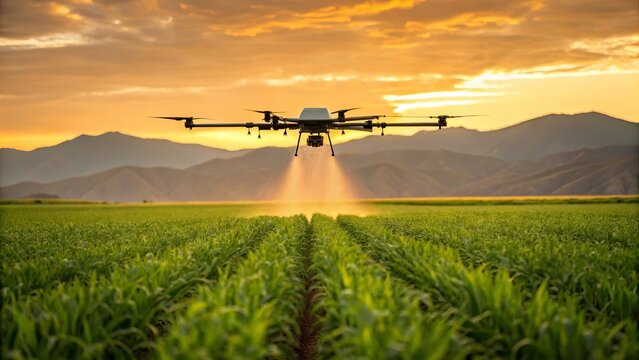 A  drone spraying crops across a vast green field during golden sunset, highlighting modern farming innovation and advanced agriculture technology concept