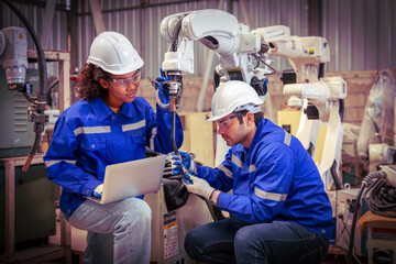 Electrical african american engineer with team testing artificial intelligence robot arm at high technology research manufactue with equipment. Factory workers working with adept robotic arm.