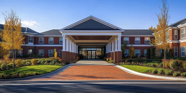Large red brick building with white columns and a covered entrance surrounded by landscaped greenery and small trees under a clear blue sky