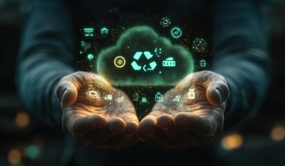 Hands holding glowing cloud composed of recycling symbol and various digital icons representing sustainability and environmental technology