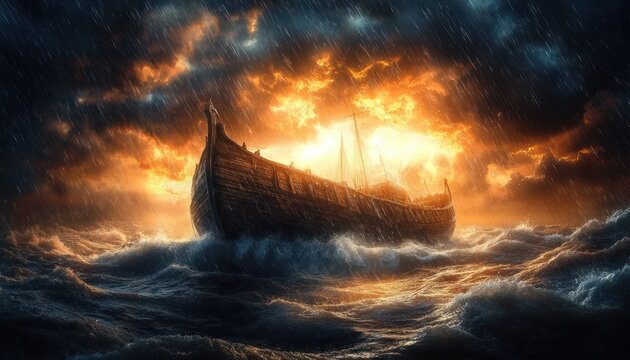 A large wooden ship battles rough ocean waves under a dramatic stormy sky with dark clouds and radiant orange sunlight breaking through, evoking a sense of adventure and resilience - Powered by Adobe