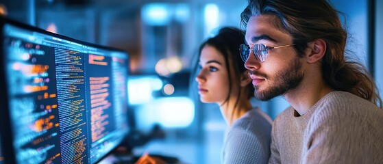 Two young professionals intently analyzing code on a large computer monitor in a dimly lit modern office environment