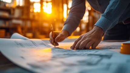 Obraz premium Close-up of a person drawing architectural blueprints with a pen on a large sheet of paper in a warmly lit workspace during sunset