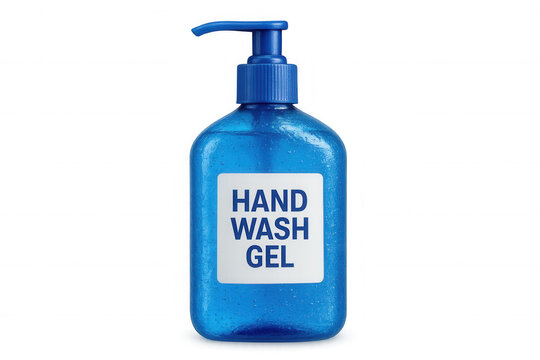 Transparent-backed hand sanitizer bottle, blue plastic container featuring water droplets covering sleek dispenser pump surface