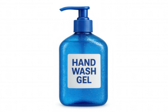 Transparent-backed hand sanitizer bottle, blue plastic container featuring water droplets covering sleek dispenser pump surface