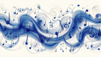 Abstract flowing blue musical notes and staffs creating a dynamic wave pattern on a white background, conveying a sense of rhythm and motion