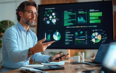 focused businessman in glasses explaining data analysis in front of large digital screen with colorful charts and graphs in modern office setting