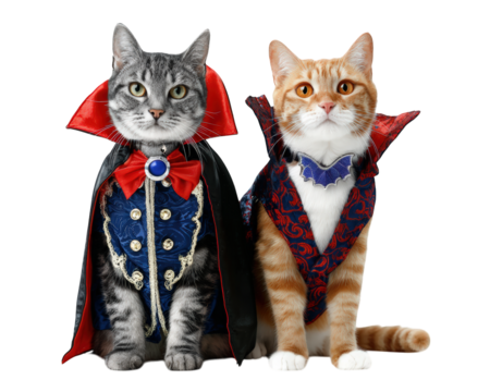 Two adorable cats dressed in detailed vampire and witch costumes, featuring elegant capes, ornate buttons, and dramatic collars, sitting together with playful and festive Halloween vibe