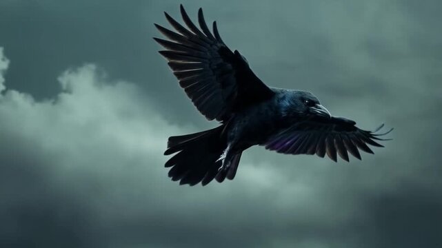 A black crow flies across a cloudy sky with its wings spread in a dramatic and moody atmosphere bird video
