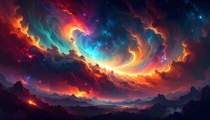 A vibrant celestial storm featuring a spiraling galaxy of glowing cosmic clouds and stars, an ethereal digital illustration of outer space