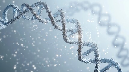 Close-up of a glowing DNA double helix strand with particles surrounding it on a soft blue background, conveying complexity and scientific discovery