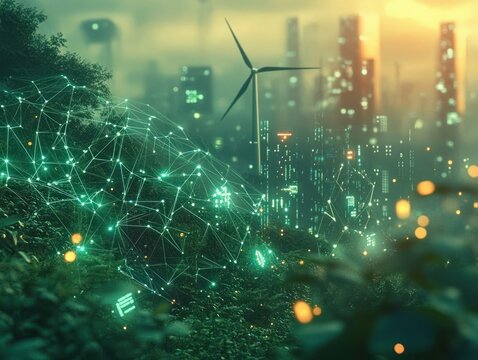 Futuristic cityscape with illuminated green network structures blending with natural plants and wind turbine at sunset, symbolizing sustainable technology integration - Powered by Adobe