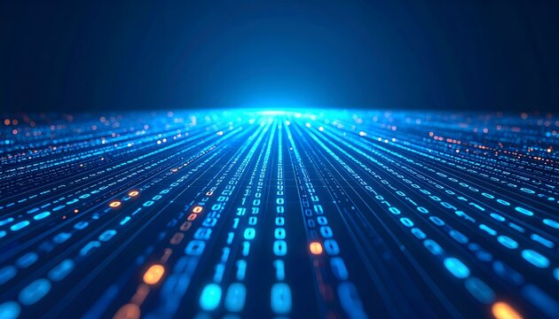 Digital highway of glowing binary code streaming into the horizon, representing big data, information technology, and the future.