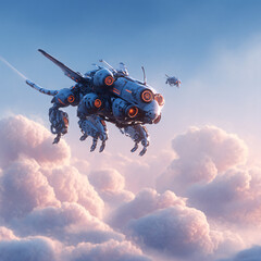 Robot Aircraft Sky Drone Futuristic Technology Sci-Fi Cloud Landscape Cybernetic Imagination Advanced Optics Aerial Motion Vivid 3D Engineering Perspective Surrealism Colorful Digital Concept