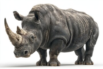 Fototapeta premium Large Gray Rhinoceros Standing in White Background