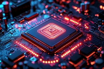 Close-up of a futuristic electronic circuit board with a glowing red central microchip and surrounding components illuminated by blue and red lights