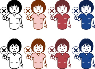 不正解の札を上げる女性看護師のアイコン。その2