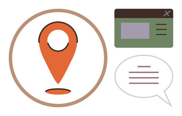 Orange location pin in a circle, web page window, and speech bubble with lines. Ideal for navigation, communication, website UI, customer feedback, discussions, geolocation and simple flat metaphor