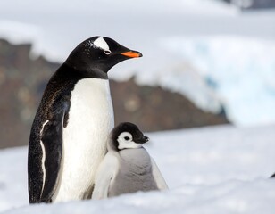 Gentoo penguin parent nurtures its fluffy chick in the snowy Antarctic wilderness, a heartwarming display of family bonds in nature