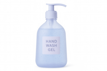 Hand wash gel bottle in light blue, emphasizing personal hygiene and sanitization against clean transparent surface