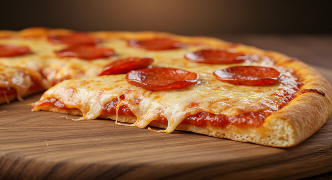 Tempting slice of freshly baked pepperoni pizza showcasing a perfect cheese pull on a rustic wooden board.