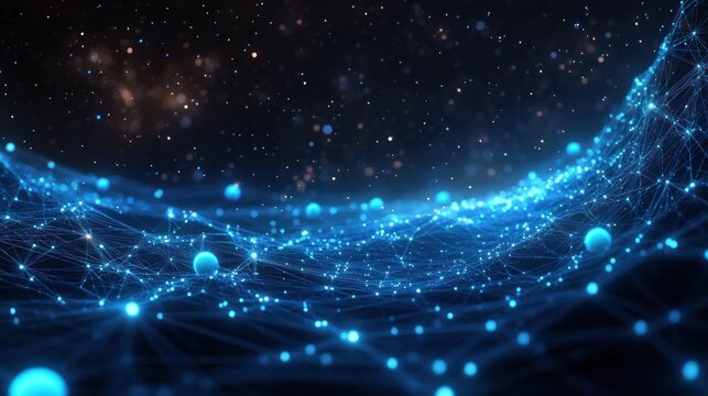 Abstract digital landscape of interconnected glowing blue nodes and lines creating a wave-like network pattern with floating particles in dark space