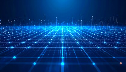Abstract futuristic technology background with a glowing blue grid and rising light particles representing big data flow and network communication.
