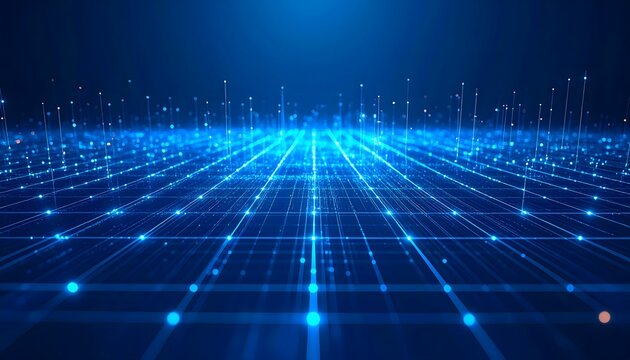 Abstract futuristic technology background with a glowing blue grid and rising light particles representing big data flow and network communication.