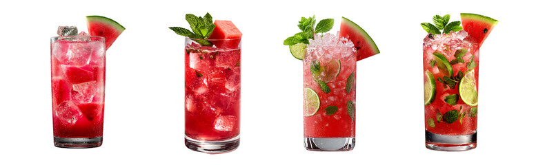 Four watermelon cocktails in tall glasses garnished with mint and watermelon wedges on white background